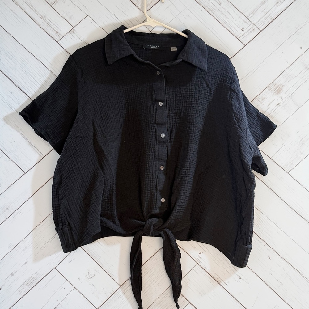 Tahari Black Gauze Tie Front Crop Top Button Collared Boho 1X